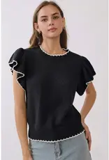 Nora knit top w/ruffle sleeves & contrast trim - Available in Red & Black