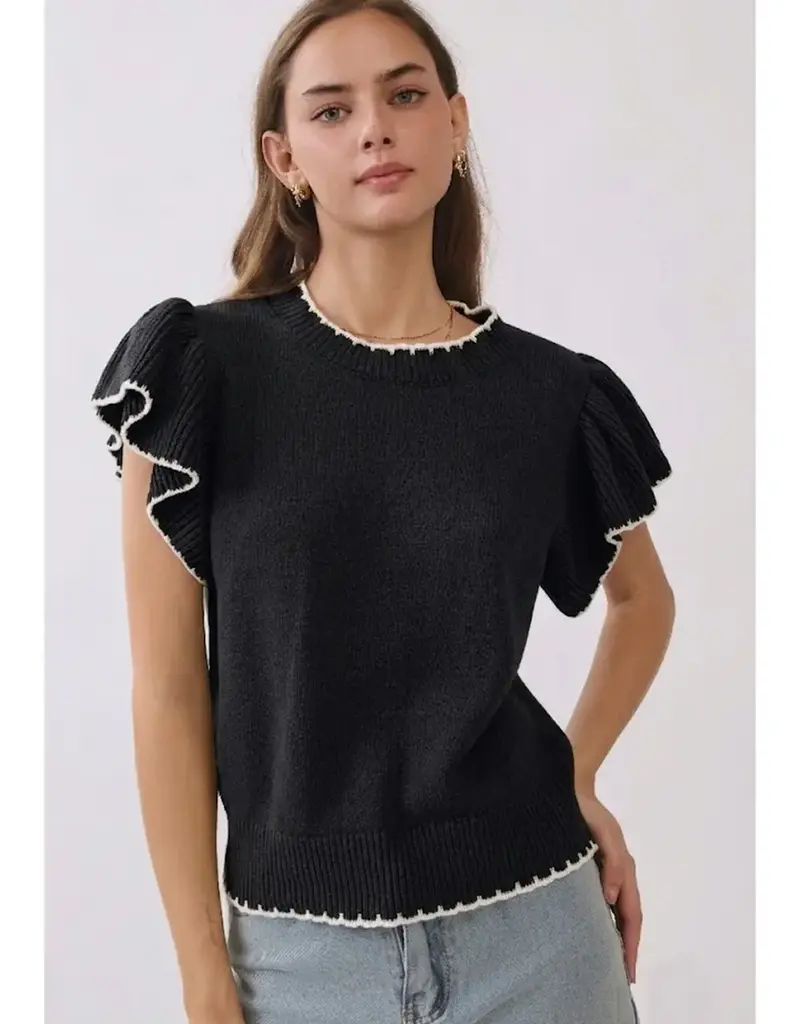 Nora knit top w/ruffle sleeves & contrast trim - Available in Red & Black