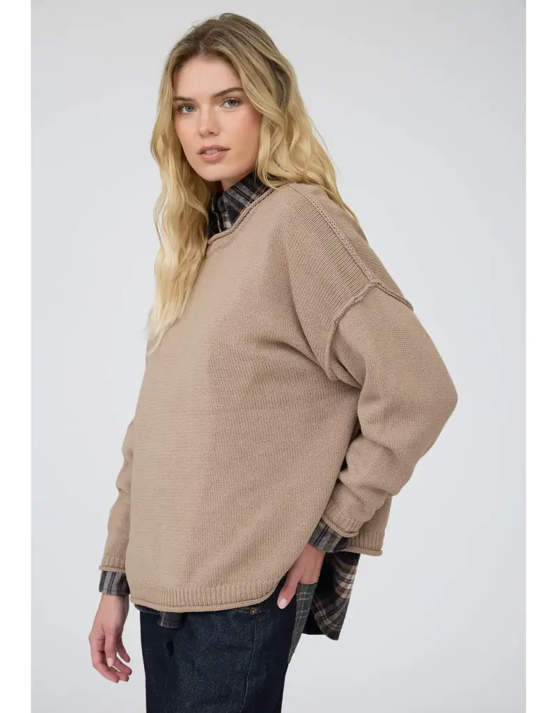 Raw Edge Extended Shoulder Long Sleeve Sweater Available in Mocha-Chocolate-Merlot