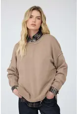 Raw Edge Extended Shoulder Long Sleeve Sweater Available in Mocha-Chocolate-Merlot