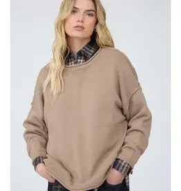 Raw Edge Extended Shoulder Long Sleeve Sweater -  Available Mocha-Chocolate-Merlotin