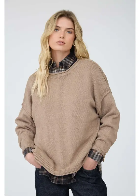 Raw Edge Extended Shoulder Long Sleeve Sweater -  Available Mocha-Chocolate-Merlotin
