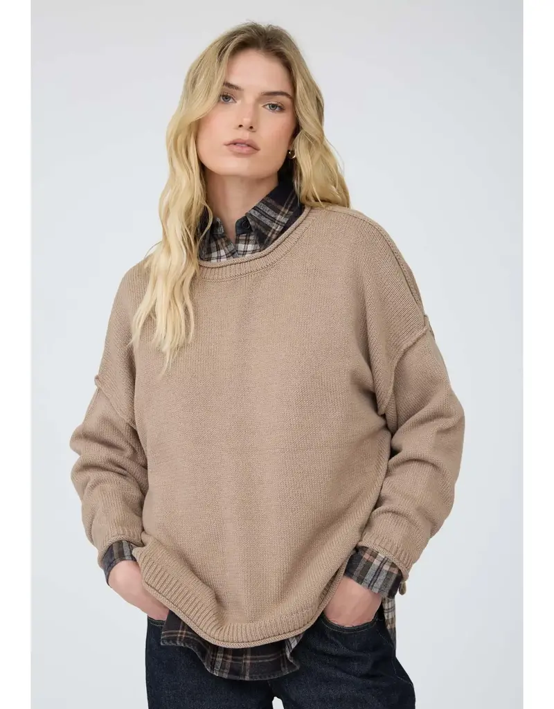 Raw Edge Extended Shoulder Long Sleeve Sweater Available in Mocha-Chocolate-Merlot