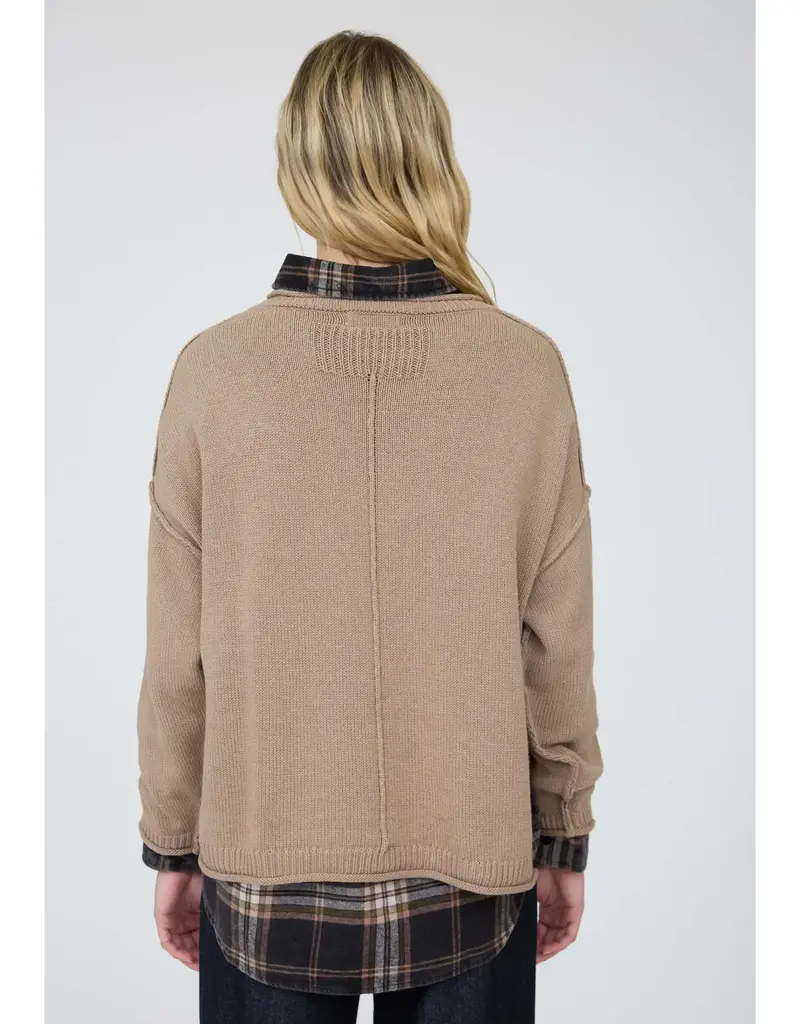 Raw Edge Extended Shoulder Long Sleeve Sweater Available in Mocha-Chocolate-Merlot