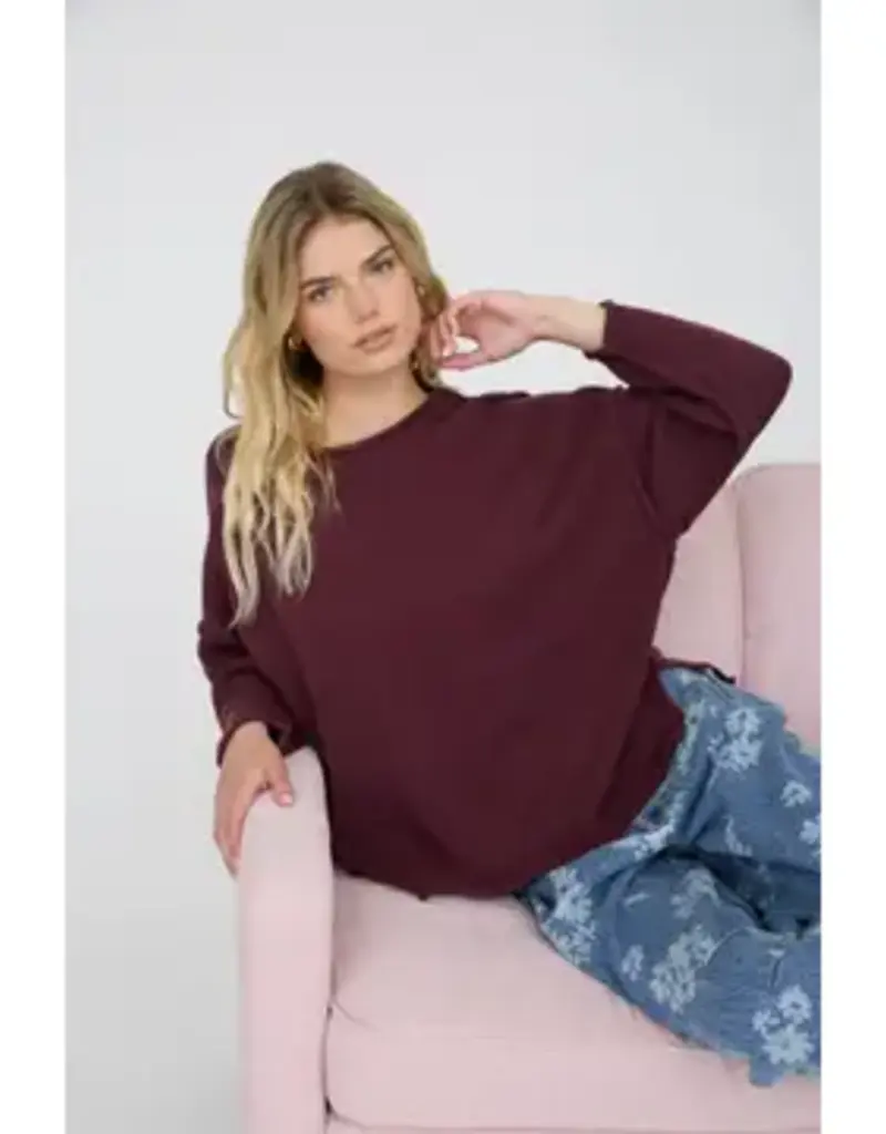 Raw Edge Extended Shoulder Long Sleeve Sweater Available in Mocha-Chocolate-Merlot
