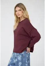 Raw Edge Extended Shoulder Long Sleeve Sweater Available in Mocha-Chocolate-Merlot