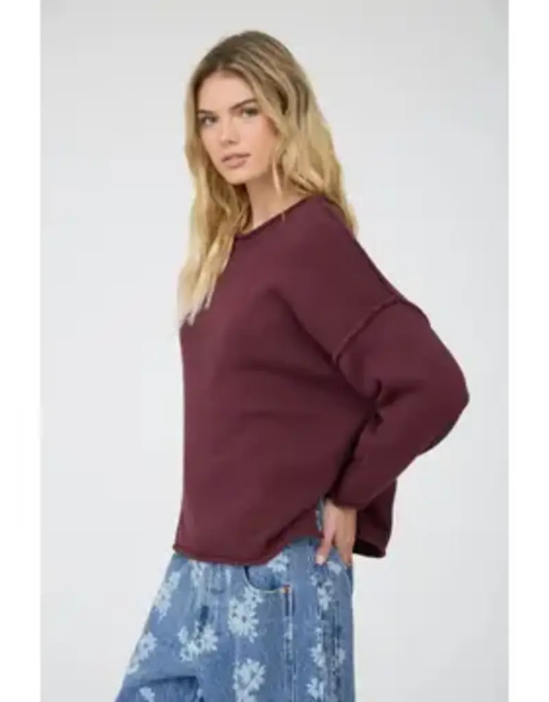 Raw Edge Extended Shoulder Long Sleeve Sweater Available in Mocha-Chocolate-Merlot