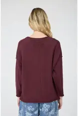 Raw Edge Extended Shoulder Long Sleeve Sweater Available in Mocha-Chocolate-Merlot