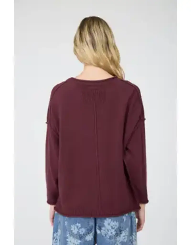 Raw Edge Extended Shoulder Long Sleeve Sweater Available in Mocha-Chocolate-Merlot