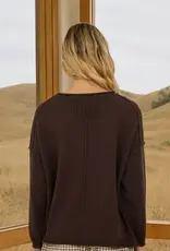 Raw Edge Extended Shoulder Long Sleeve Sweater Available in Mocha-Chocolate-Merlot