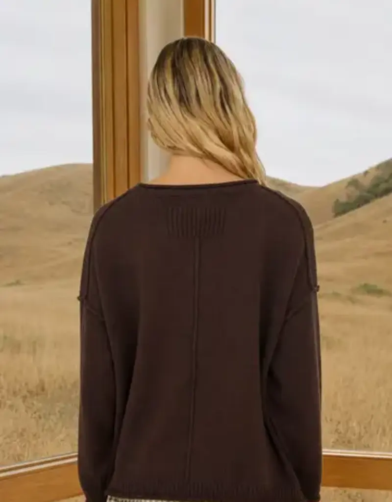 Raw Edge Extended Shoulder Long Sleeve Sweater Available in Mocha-Chocolate-Merlot