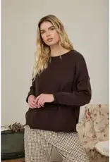 Raw Edge Extended Shoulder Long Sleeve Sweater Available in Mocha-Chocolate-Merlot