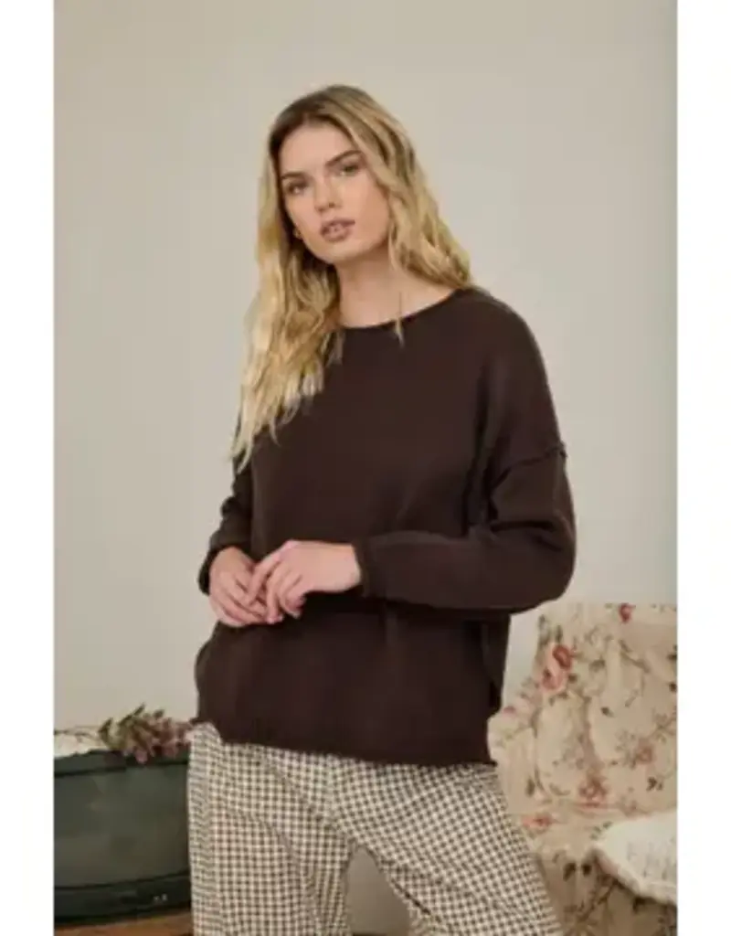 Raw Edge Extended Shoulder Long Sleeve Sweater Available in Mocha-Chocolate-Merlot