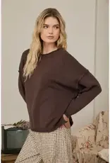 Raw Edge Extended Shoulder Long Sleeve Sweater Available in Mocha-Chocolate-Merlot
