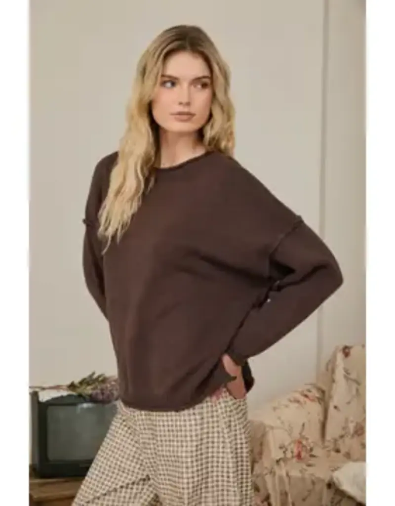 Raw Edge Extended Shoulder Long Sleeve Sweater Available in Mocha-Chocolate-Merlot