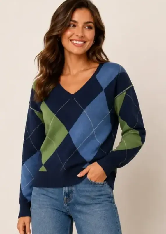 V-Neck Argyle Pullover Sweater