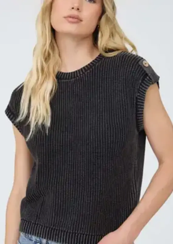 Tabitha Acid Washed Tab Sleeve Button Back Top