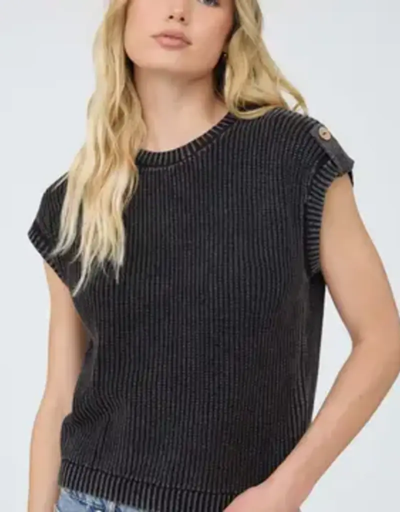 Tabitha Acid Washed Tab Sleeve Button Back Top