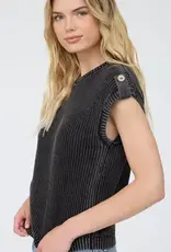 Tabitha Acid Washed Tab Sleeve Button Back Top