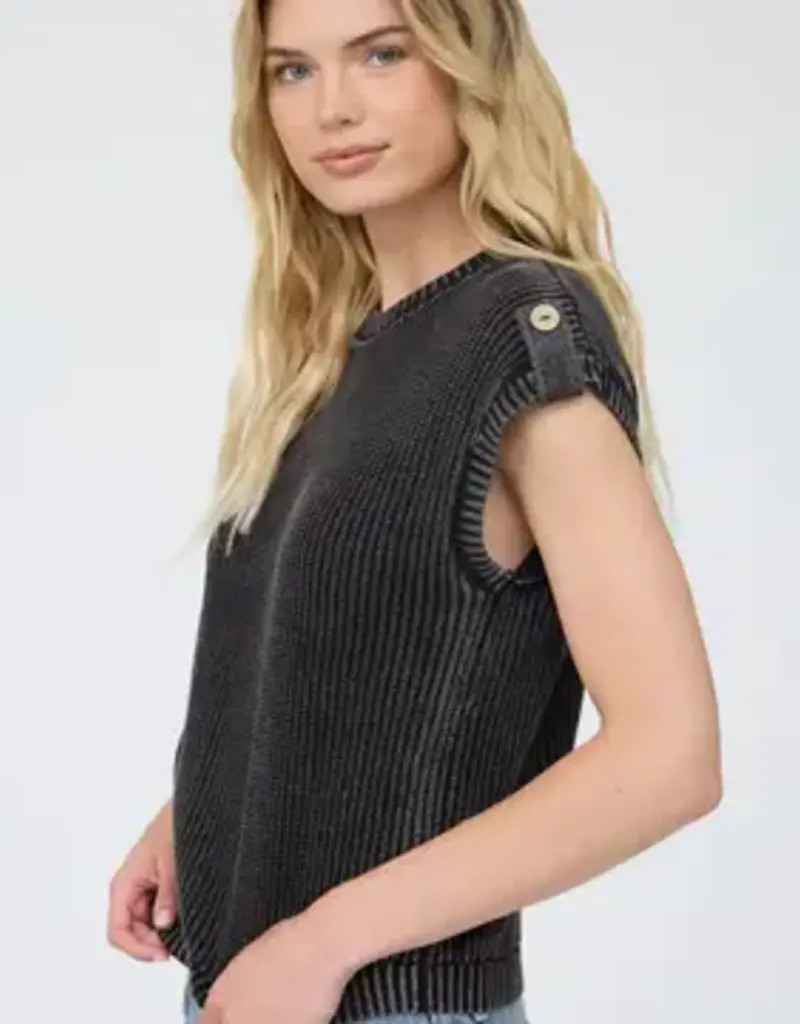 Tabitha Acid Washed Tab Sleeve Button Back Top