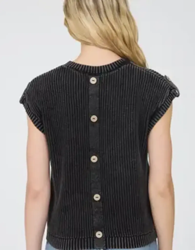 Tabitha Acid Washed Tab Sleeve Button Back Top
