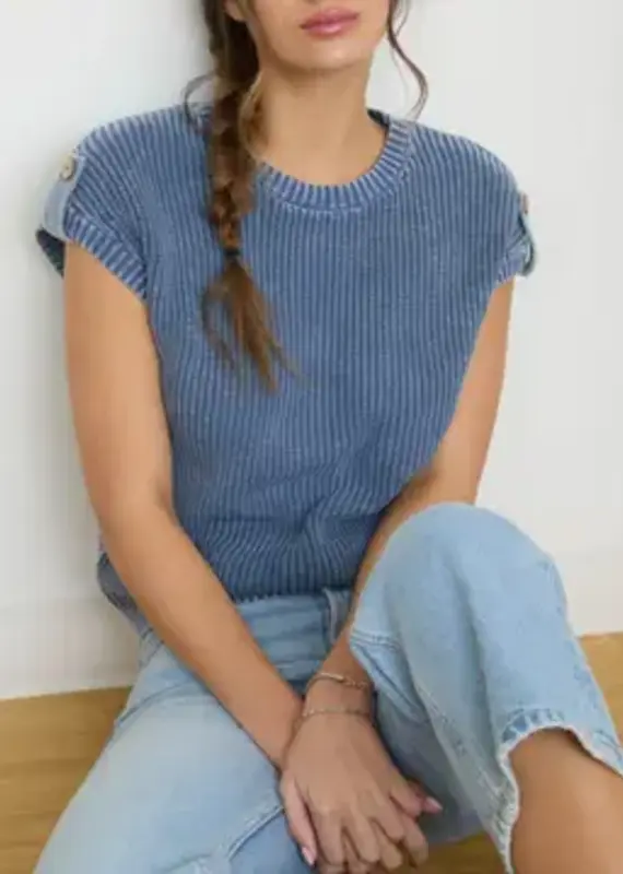 Tabitha Acid Washed Tab Sleeve Button Back Top