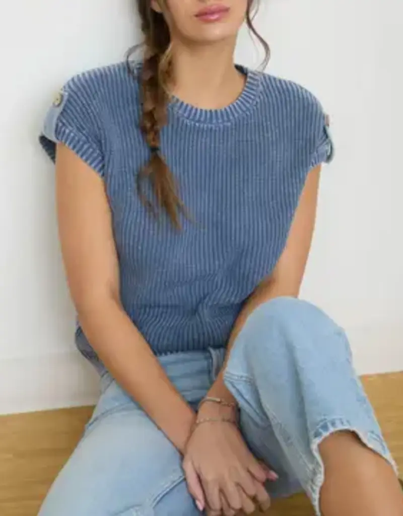 Tabitha Acid Washed Tab Sleeve Button Back Top