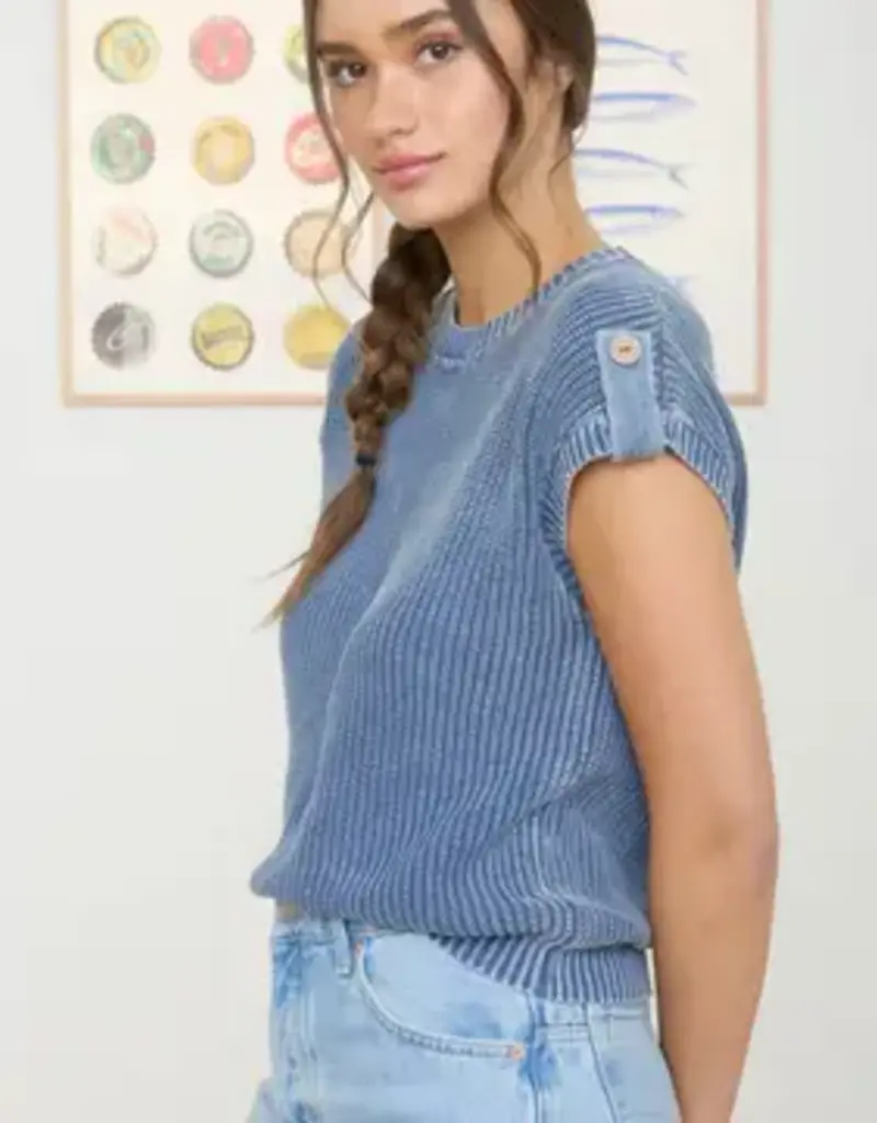 Tabitha Acid Washed Tab Sleeve Button Back Top