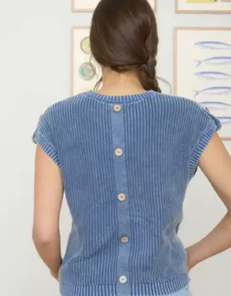 Tabitha Acid Washed Tab Sleeve Button Back Top