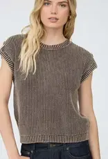 Tabitha Acid Washed Tab Sleeve Button Back Top