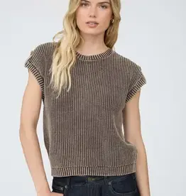Tabitha Acid Washed Tab Sleeve Button Back Top