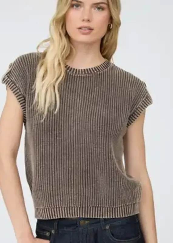 Tabitha Acid Washed Tab Sleeve Button Back Top