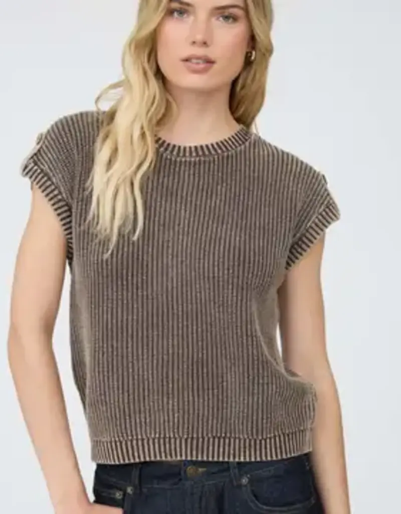 Tabitha Acid Washed Tab Sleeve Button Back Top