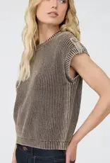 Tabitha Acid Washed Tab Sleeve Button Back Top