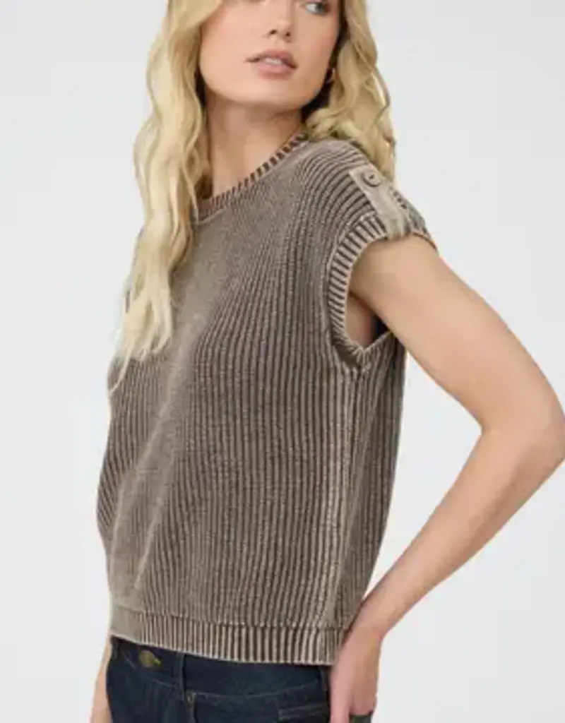 Tabitha Acid Washed Tab Sleeve Button Back Top