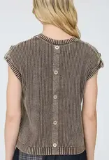 Tabitha Acid Washed Tab Sleeve Button Back Top