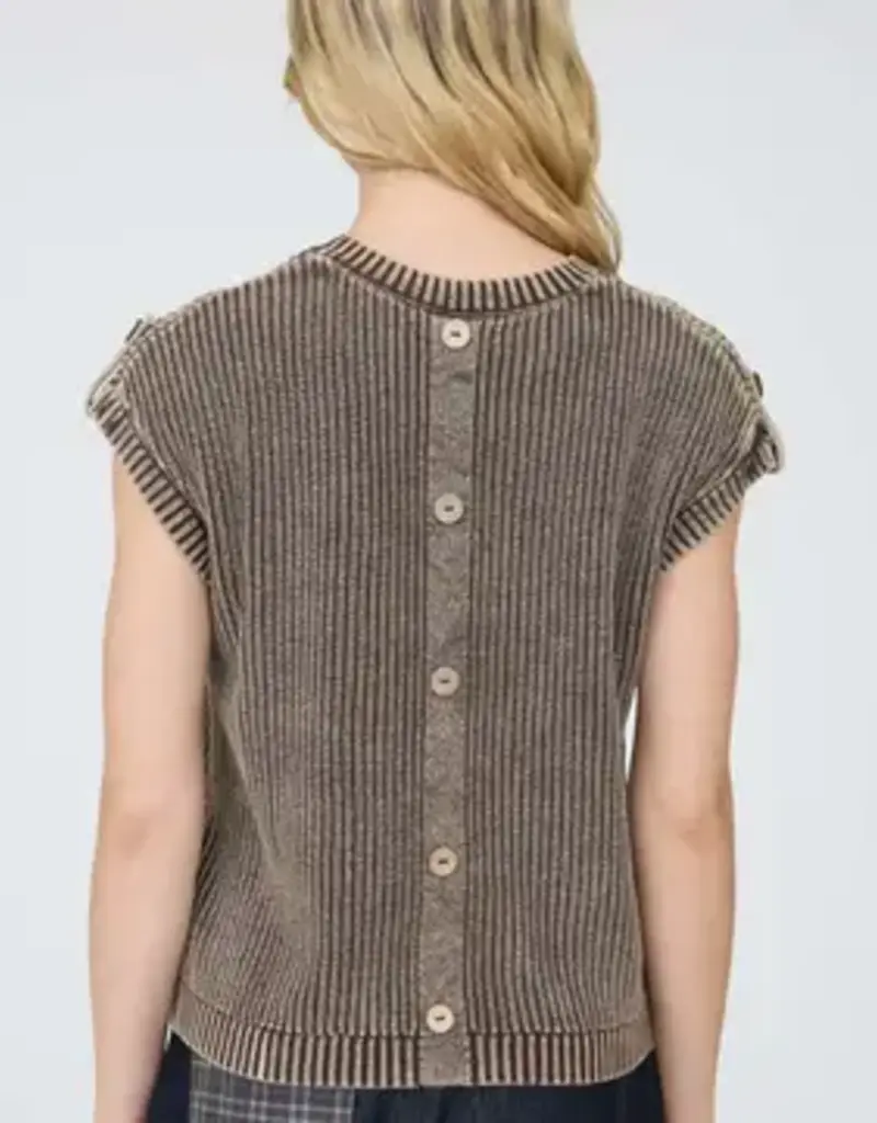 Tabitha Acid Washed Tab Sleeve Button Back Top