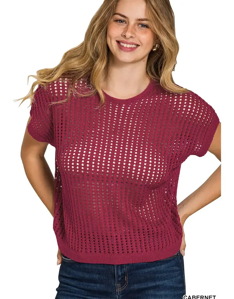 Charlotte  Waffle Crochet Knit  Sweater - Available in Brown - Deep Camel - Cabernet - Dk Green