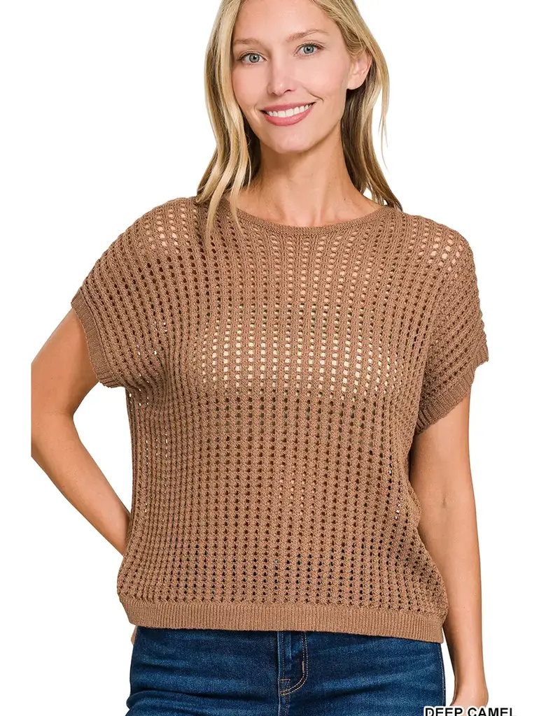 Charlotte  Waffle Crochet Knit  Sweater - Available in Brown - Deep Camel - Cabernet - Dk Green