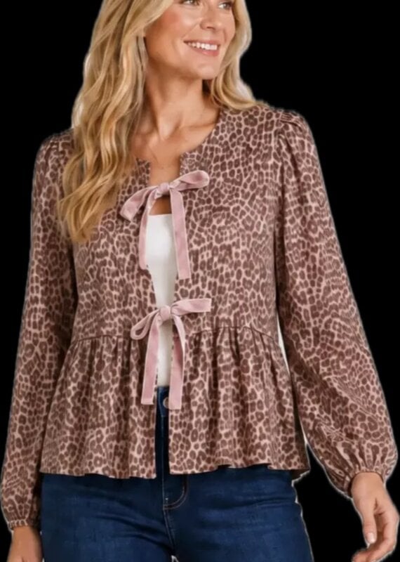 Brushed Twill Animal Print Tie Front Top/Jacket