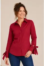 Poplin Button Front Blouse w/ Bow Tie Cuffs
