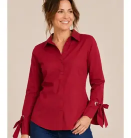 Poplin Button Front Blouse w/ Bow Tie Cuffs