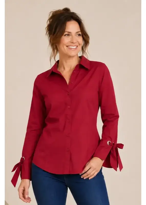 Poplin Button Front Blouse w/ Bow Tie Cuffs