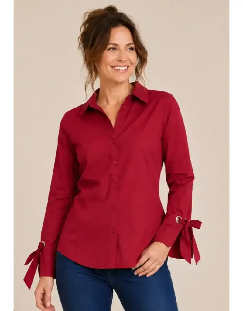 Poplin Button Front Blouse w/ Bow Tie Cuffs