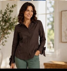 Poplin Button Front Blouse w/ Bow Tie Cuffs