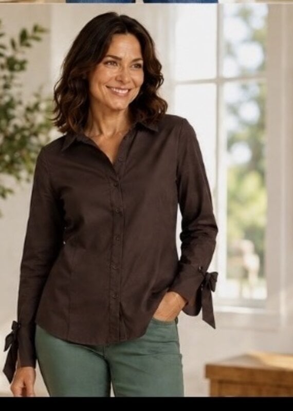 Poplin Button Front Blouse w/ Bow Tie Cuffs