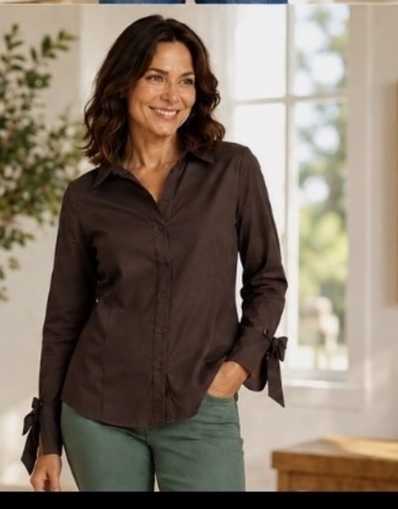 Poplin Button Front Blouse w/ Bow Tie Cuffs