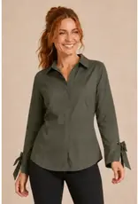 Poplin Button Front Blouse w/ Bow Tie Cuffs