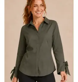 Poplin Button Front Blouse w/ Bow Tie Cuffs