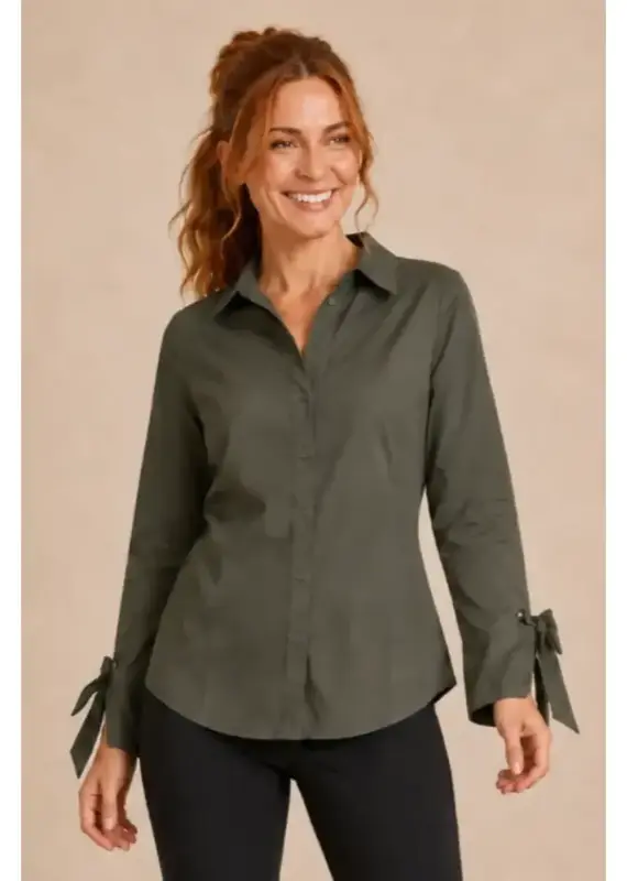 Poplin Button Front Blouse w/ Bow Tie Cuffs